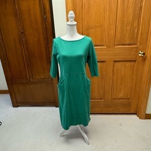 WOOLOVER kelly green medium 💯 cotton midi dress side pockets 3/4 sleeve